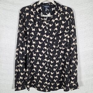 ModCloth Cat Print Button Up Blouse Women's L Black Long Sleeve Novelty Print